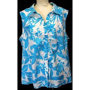 White Stage Woman's Sleeveless Collard Button Up Floral White Blue 3XL Tropical